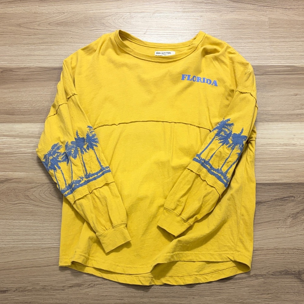 Urban Outfitters Yellow Long Sleeve Tee with Blue Palm Design